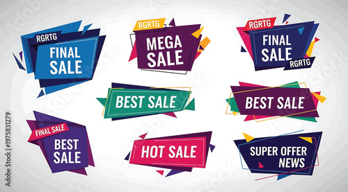Collection of colorful geometric sale banners and promotional labels