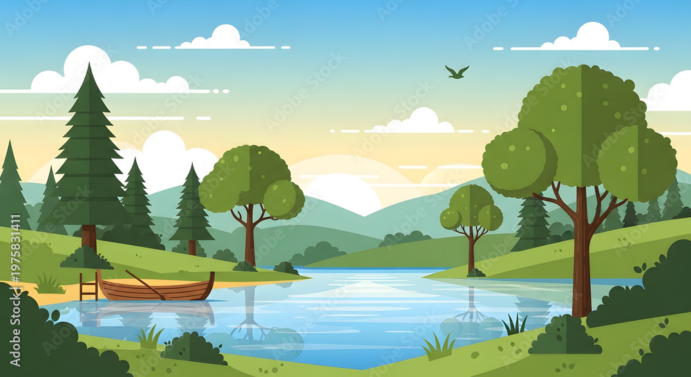 Obraz premium Serene Riverside Landscape with Boat and Distant Mountains at Sunrise