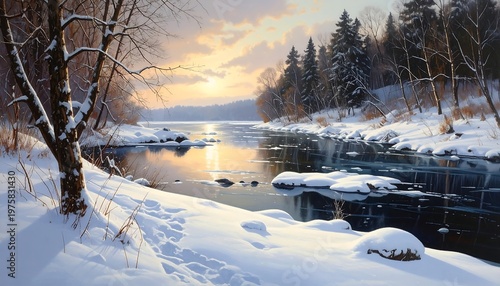 A serene winter landscape with a snow-covered riverbank and trees