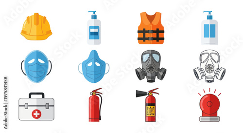 Safety Equipment Icons: Hard Hat, Masks, Fire Extinguisher, First Aid Kit, Life Vest