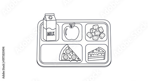 School Lunch Tray: Milk, Apple, Tater Tots, Pizza, Cake - Line Art