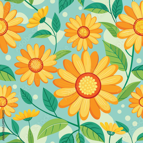 Seamless pattern of vibrant orange and yellow wildflowers with leaves