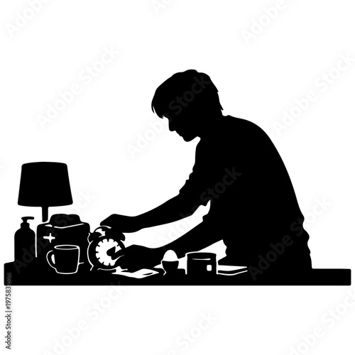 Silhouette of person setting alarm clock, morning routine concept