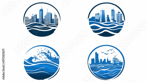 Four round blue illustrations showcasing cities with water and waves, with a textured brush effect