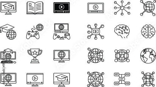 Online education and global e learning line icon set featuring graduation, courses, video lessons, network, technology, and digital knowledge concepts