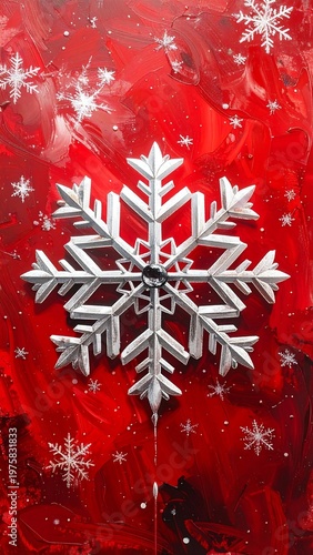 A large silver snowflake on a red background with smaller snowflakes (1)