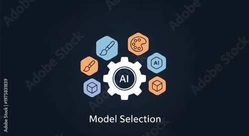 AI model selection concept with gear and icons