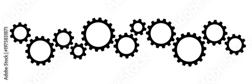 Wide composition of black cogwheels gears isolated. Vector