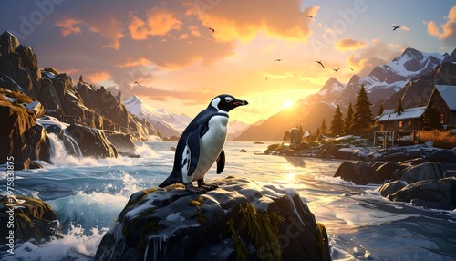 A penguin on a rock by a waterfall