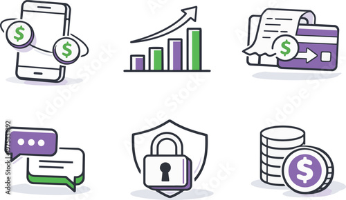 Financial technology icon set with payment security analytics and money transaction flat vector illustration.