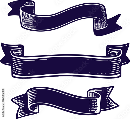 Three Dark Blue Ribbons with Decorative Edges - A Classic Design Element for Announcements and Titles