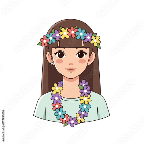 Teen girl wearing flower crown and lei with a cheerful expression  