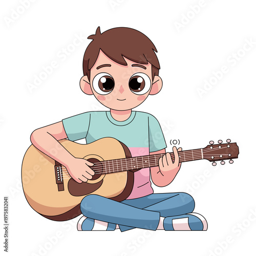 Teen playing guitar and learning chords while sitting  