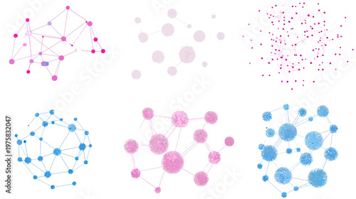 Abstract digital art featuring six interconnected networks of varying colors and shapes