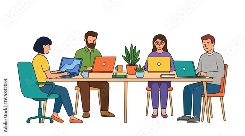 Four colleagues work together on laptops at a shared office table with plants