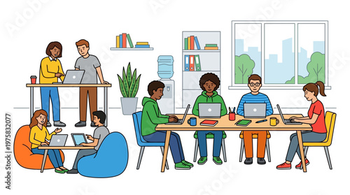 Diverse group of people working together in an office setting with laptops