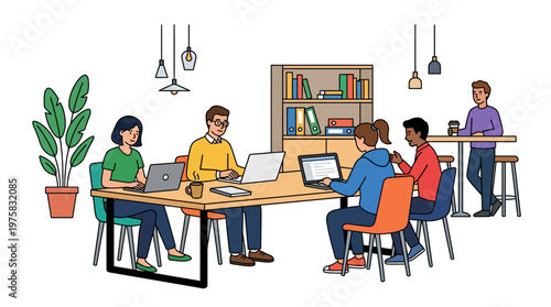 Diverse group of coworkers collaborate and work on laptops in a modern office setting with plant and bookshelf