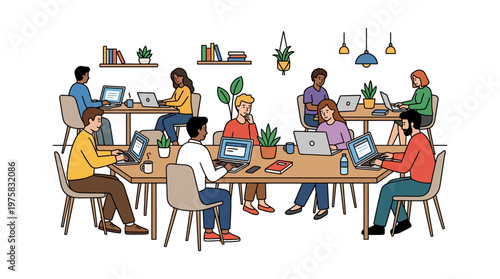 People working on laptops in a collaborative office setting together