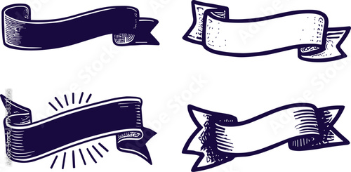 Vintage hand-drawn ribbon banners set. Great for graphic design, giving timeless elegance for textual displays, announcements, and creative projects