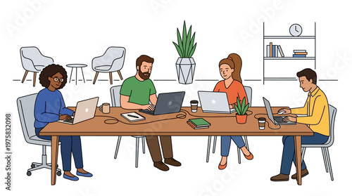 Diverse team collaborates on laptops in a modern office setting together