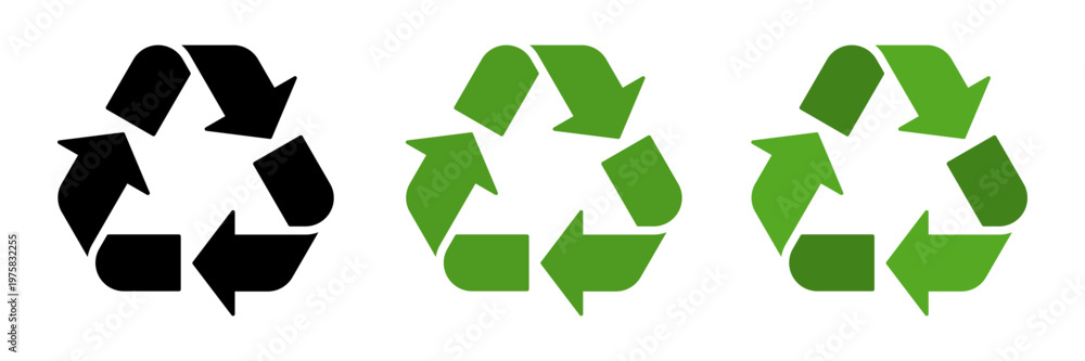 Fototapeta premium Eco recycle symbol set, triangle triple arrow, black and green colored fill. Vector
