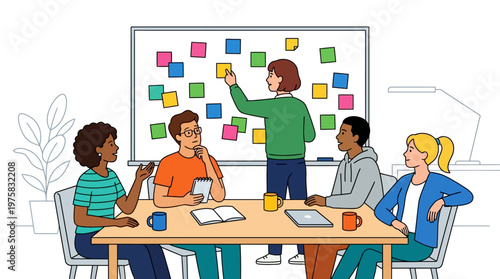 Diverse team engaged in a collaborative meeting with sticky notes on a whiteboard