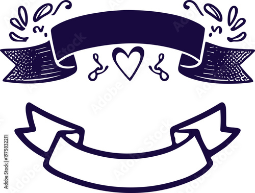 Hand-drawn whimsical banners with decorative elements and a heart symbol, perfect for creative design projects