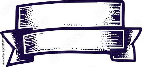 Hand-drawn vintage scroll banner graphic element with distressed texture, perfect for rustic design projects, labels, and decorative accents, offering an aged, engraved look