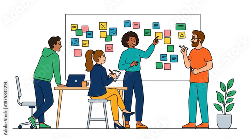 Four diverse colleagues collaborate on a project with sticky notes on a whiteboard