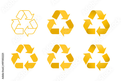 Yellow eco recycle symbol mixed waste, triangle triple arrow for waste sorting, outline, flat, 3D effect. Vector