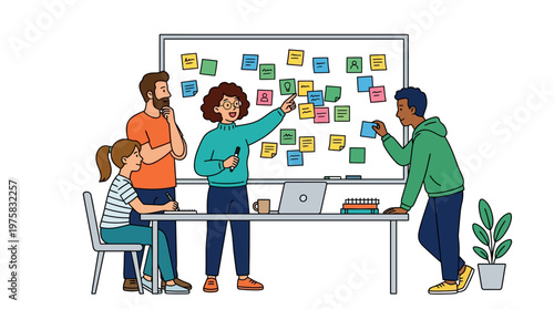 A diverse group of people collaborating and brainstorming with colorful sticky notes on a large whiteboard in an office setting.