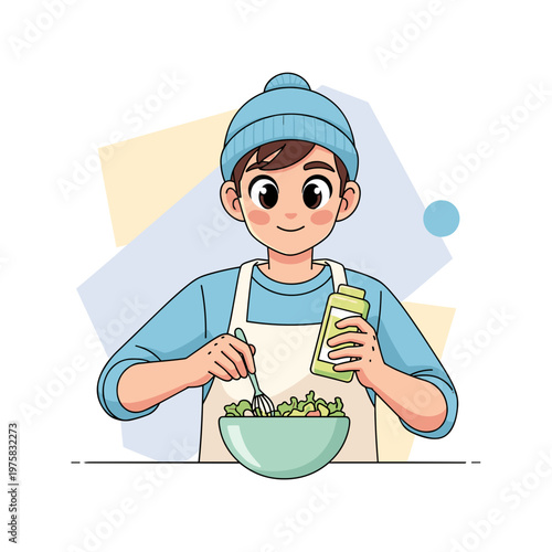 Young adult mixing salad dressing in a bowl while smiling  