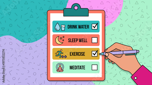 A vibrant illustration of a hand checking off daily healthy habits on a clipboard, promoting a mindful and balanced lifestyle for well-being and self-improvement