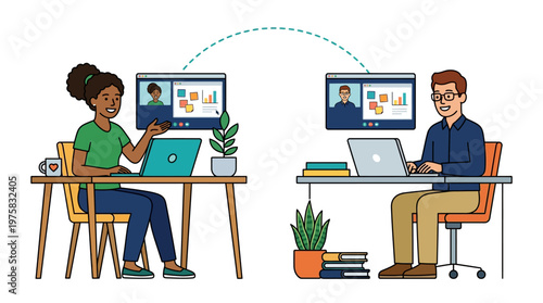 Two colleagues engage in remote collaboration using laptops and video conferencing technology