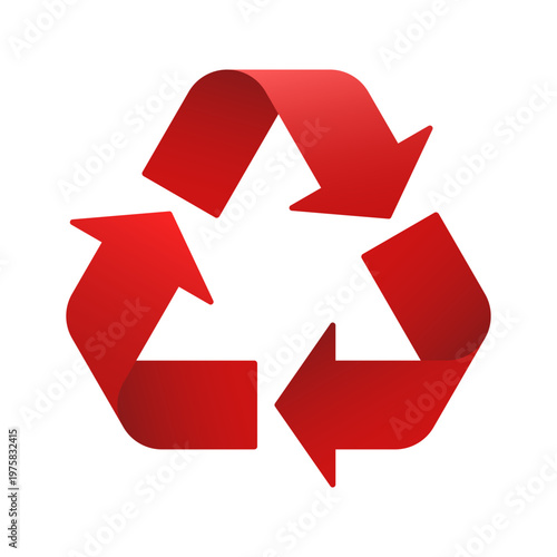 Red colored recycle symbol with 3D effect, triangle triple arrow for metal waste sorting. Vector