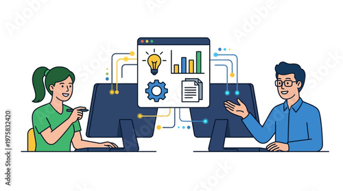 Two colleagues collaborate on a project, using computers and discussing ideas