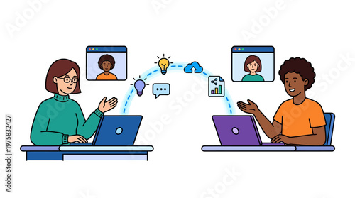 Two business professionals collaborating remotely on laptops with video calls