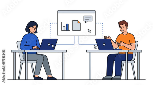 Two colleagues collaborate on laptops, reviewing data and charts together in a meeting.