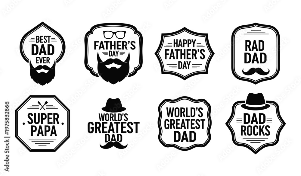 Obraz premium Collection of eight black and white hipster style father's day themed badges with mustaches glasses and hats
