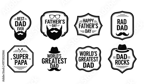 Collection of eight black and white hipster style father's day themed badges with mustaches glasses and hats