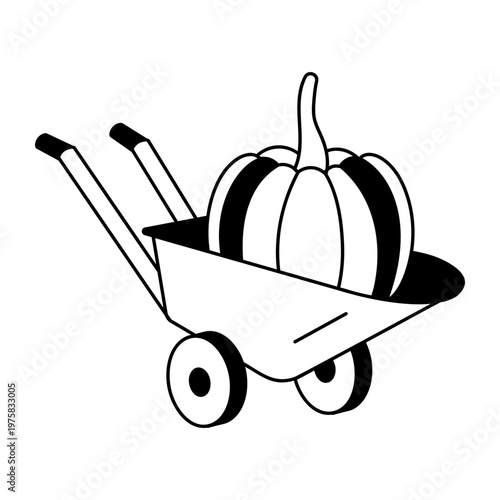 A doodle style icon showing pumpkin wheelbarrow