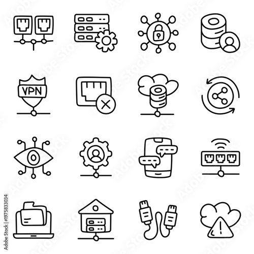 Set of Network and Media Linear Icons
