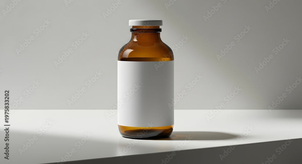 Obraz premium Blank amber glass medicine bottle mockup on pure white clinical surface.