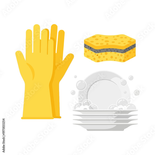 Yellow rubber gloves, sponge, and stacked plates with bubbles for dishwashing