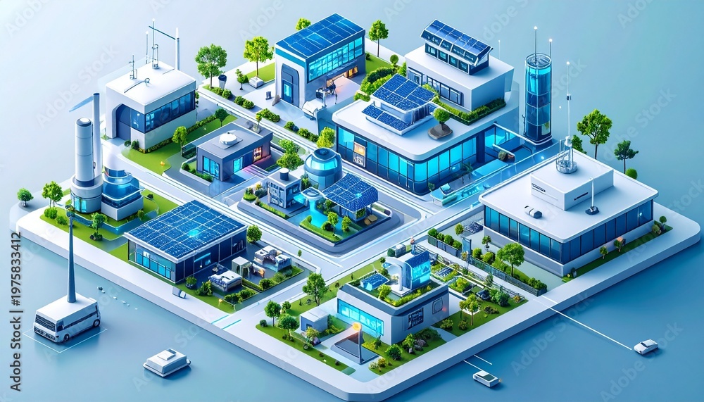 Obraz premium Isometric Smart City Illustration with Sustainable Energy and Technology.