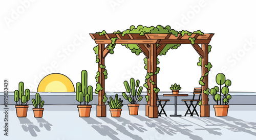illustration of a wooden pergola with potted plants on rooftop patio at sunset