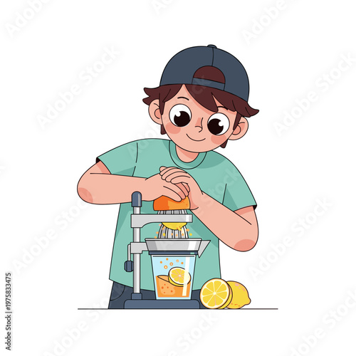 Adolescent  juicing citrus fruits with a manual juicer in kitchen  
