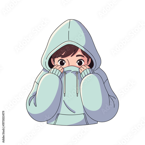 Young person hiding behind a hoodie and looking shy  