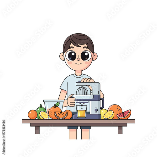 Adolescent juicing citrus fruits with a juicer at a kitchen table  