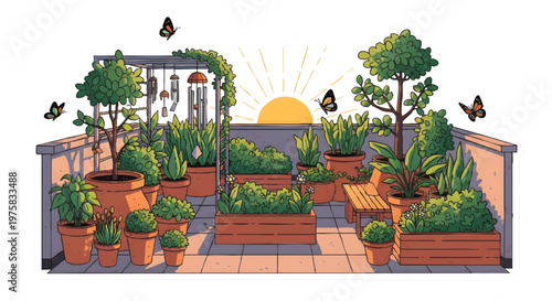 Pixel art rooftop garden with plants and butterflies at sunset